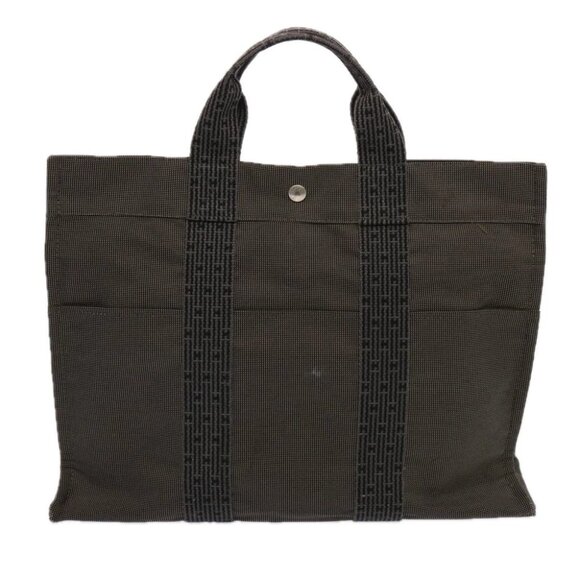 HERMES Her Line MM Tote Bag Canvas Gray Auth 69370 - Picture 1 of 14